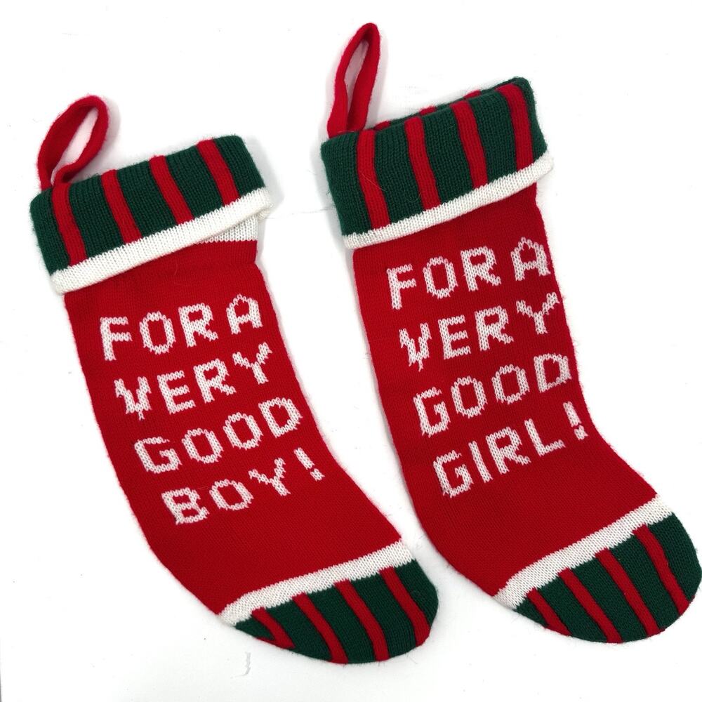Pair of Vintage Knit Christmas Stockings for A Very Good Boy and Very Good Girl